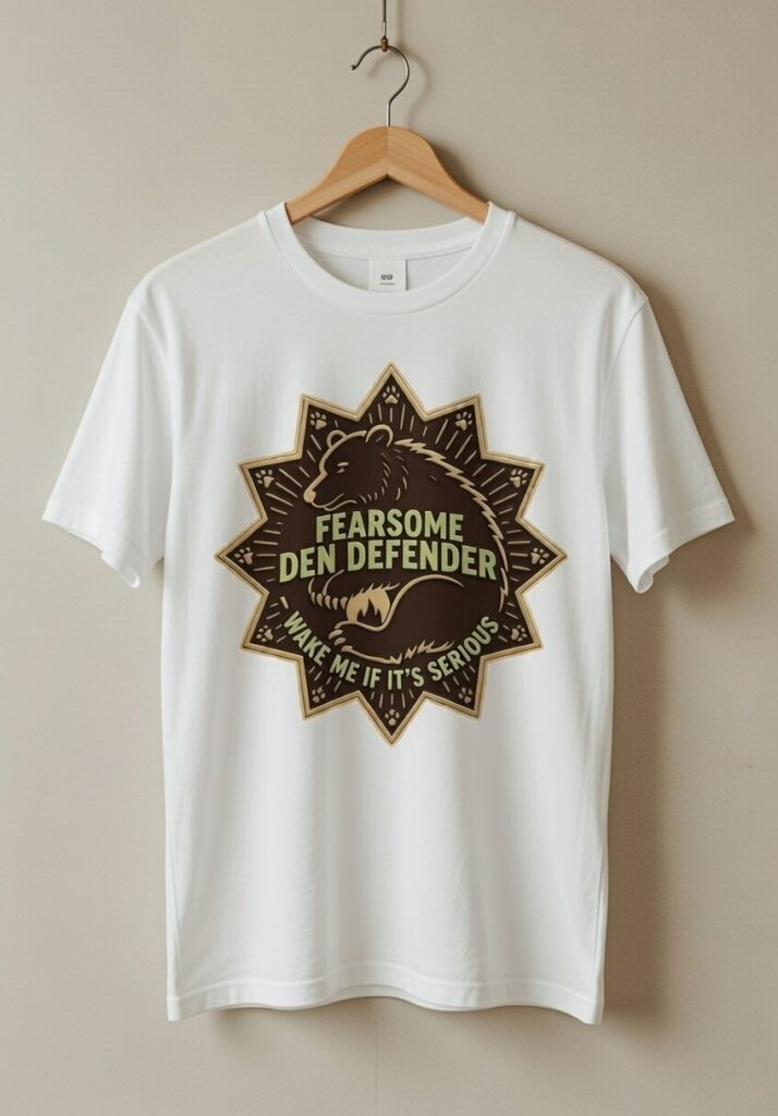 White t-shirt mockup featuring a humorous badger graphic in a vintage star-shaped badge with paw prints, radiant lines, and bold text reading "FEARSOME DEN DEFENDER" in green and "WAKE ME IF IT'S SERIOUS" below a sleeping badger illustration – funny animal t-shirt design for wildlife lovers.
