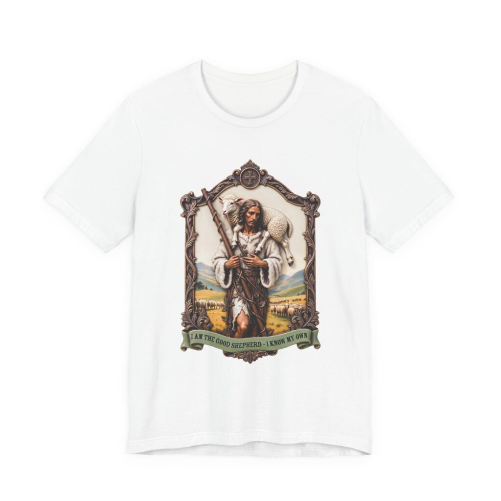 Design mockup of jesus the sheperd with a sheep on a white t shirt