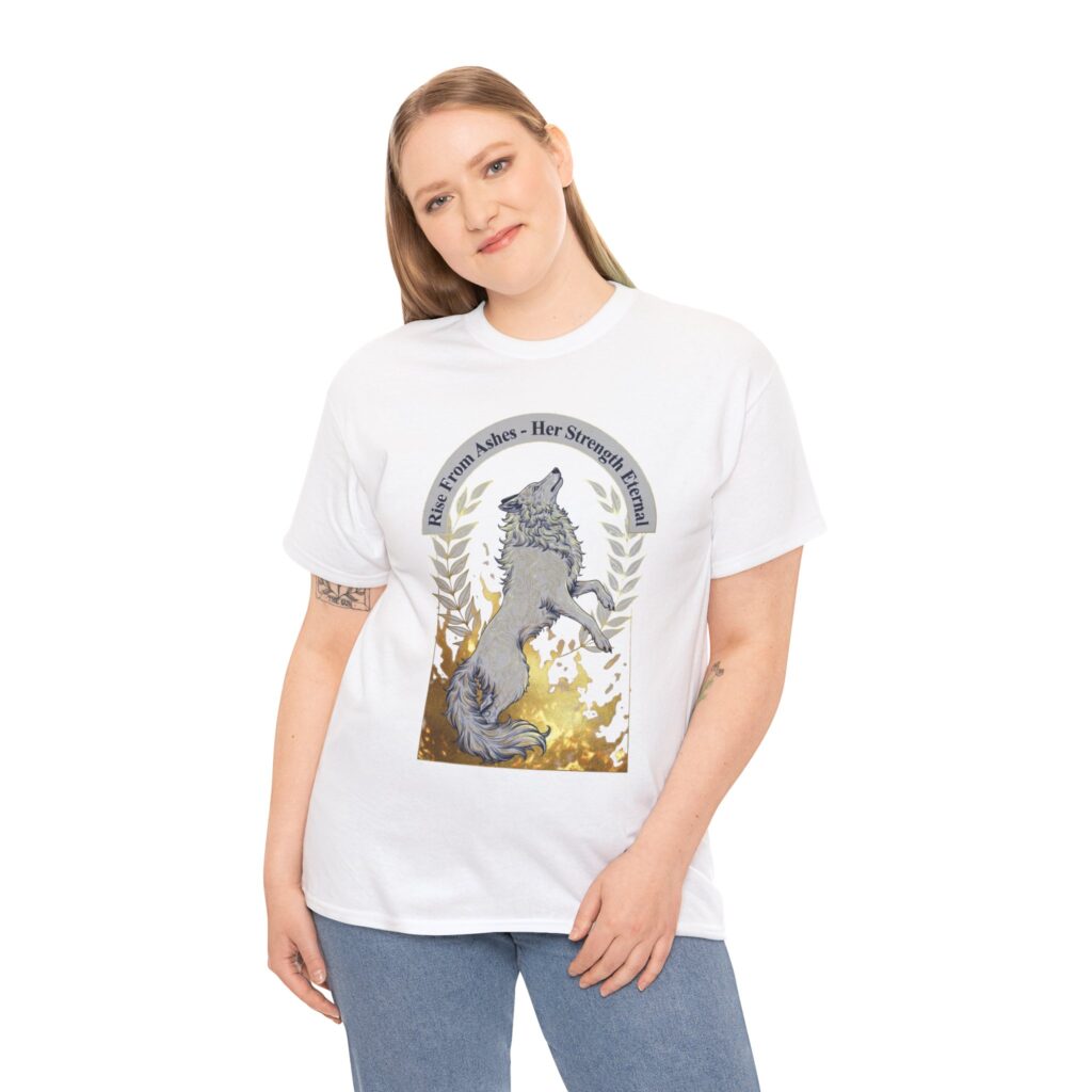 Women's empowerment t-shirt: majestic white wolf rising from golden ashes with ancestral female silhouettes, laurel leaves, and inspirational quote “Rise From Ashes - Her Strength Eternal” – fierce resilience & rebirth graphic tee for Women's Day, mothers & daughters