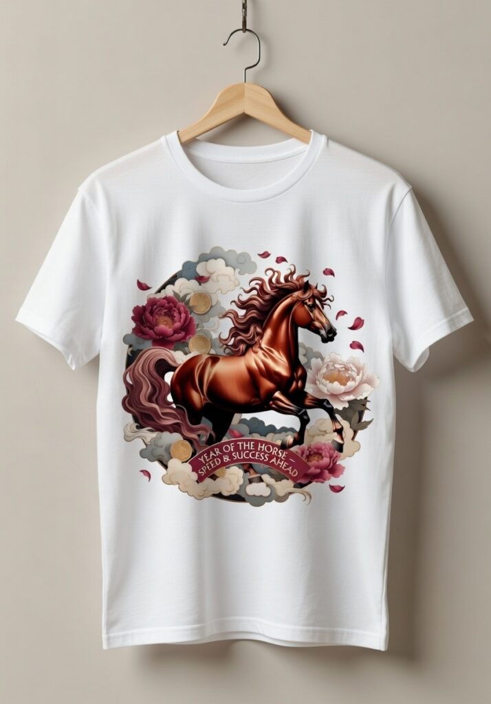 Mockup of a plain white crew-neck t-shirt hanging on a wooden hanger against a light neutral wall. Centered on the chest is a vibrant circular graphic featuring a majestic rearing brown horse with flowing mane and tail, surrounded by large pink and white peony flowers, swirling stylized clouds, golden coins, and scattered falling petals. A curved maroon banner at the bottom displays the gold text 'YEAR OF THE HORSE - SPEED & SUCCESS AHEAD'.