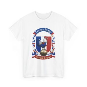 White t-shirt mockup hanging on a wooden hanger against a light gray background, featuring a bold French national team-inspired crest design. At the center is a proud Gallic rooster in blue, white, and red flag colors standing on a golden soccer ball, framed by a shield split into bleu, blanc, and rouge sections. The crest is surrounded by laurel leaves in blue, red, and gold tones. A curved blue banner at the top reads "France Reign" in white lettering with red edges, and a red ribbon banner at the bottom reads "Golden Legacy" in gold. Classic football badge style with sharp, high-contrast details.