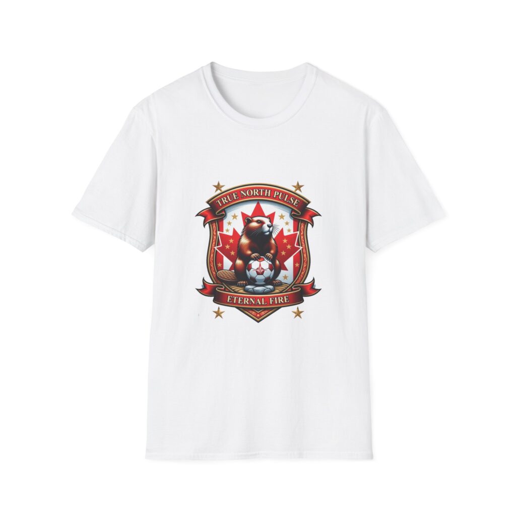White T-shirt on a wooden hanger featuring a detailed crest design. The crest shows a beaver holding a soccer ball with a red pulse line, set against a bold red maple leaf. Ornate red and gold scrollwork frames the design, with banners reading “TRUE NORTH PULSE” at the top and “ETERNAL FIRE” at the bottom, symbolizing Canadian pride and vitality.