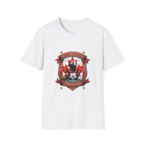 White T-shirt on a wooden hanger featuring a detailed crest design. The crest shows a beaver holding a soccer ball with a red pulse line, set against a bold red maple leaf. Ornate red and gold scrollwork frames the design, with banners reading “TRUE NORTH PULSE” at the top and “ETERNAL FIRE” at the bottom, symbolizing Canadian pride and vitality.