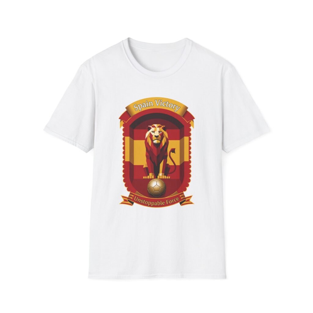 Spain national football pride t-shirt design: fierce golden lion roaring on a gold soccer ball, Spanish flag red and yellow shield with royal crown and pillars of Hercules, ornate gold border, top banner 'Spain Fury', bottom ribbon 'Eternal Passion' – patriotic soccer emblem for La Roja fans and 2026 World Cup supporters