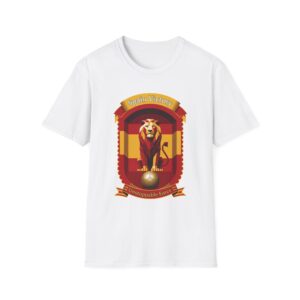 Spain national football pride t-shirt design: fierce golden lion roaring on a gold soccer ball, Spanish flag red and yellow shield with royal crown and pillars of Hercules, ornate gold border, top banner 'Spain Fury', bottom ribbon 'Eternal Passion' – patriotic soccer emblem for La Roja fans and 2026 World Cup supporters