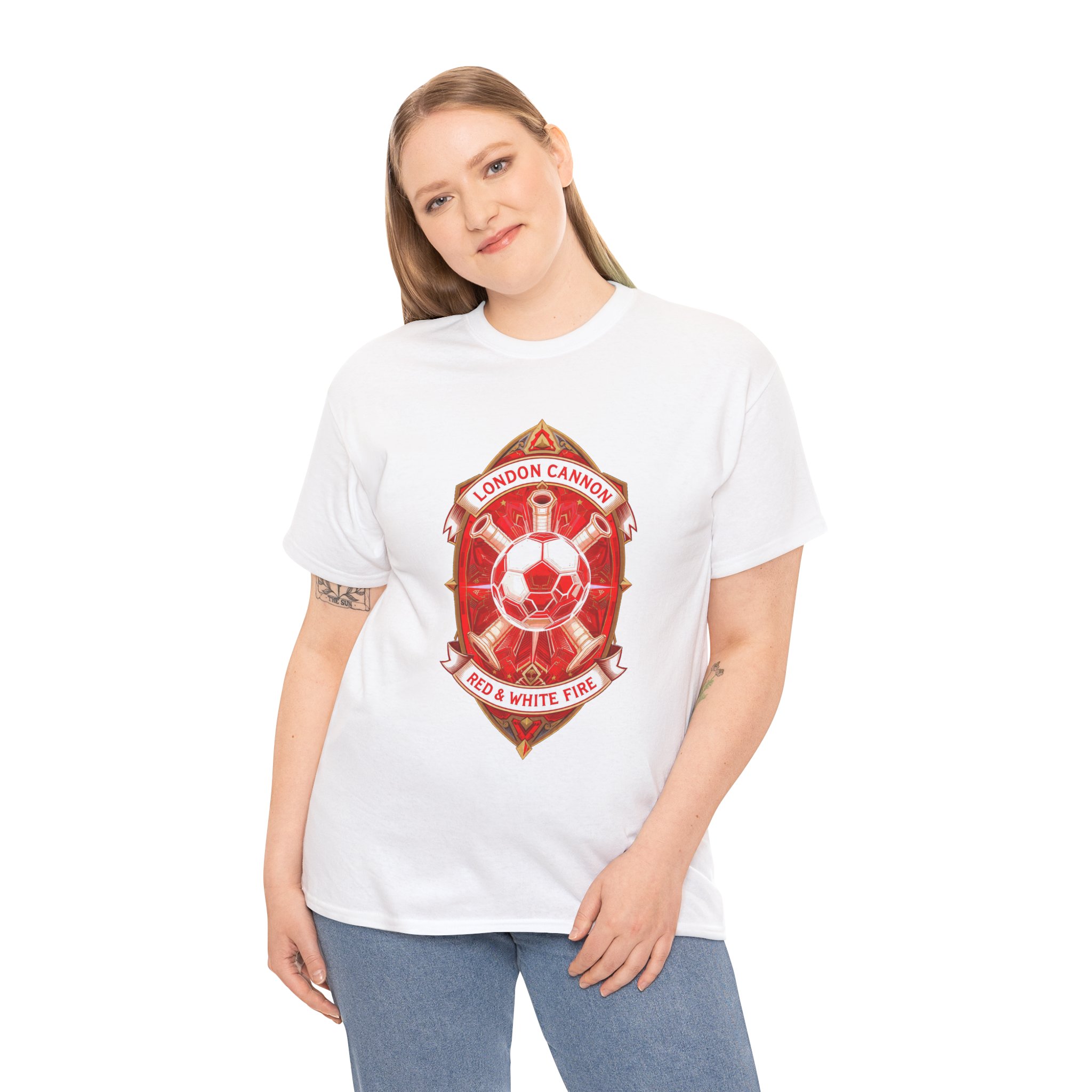 Red London Cannons Soccer Crest T‑Shirt — Red & White Fire Football Fan Gift - Image 2