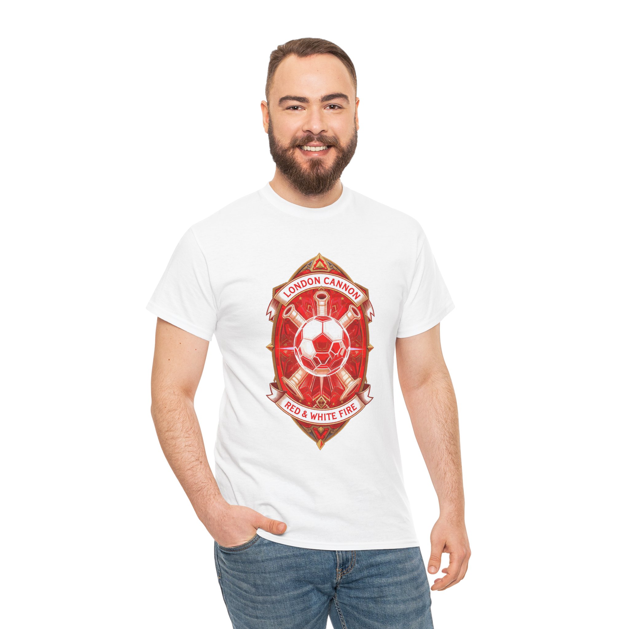 Red London Cannons Soccer Crest T‑Shirt — Red & White Fire Football Fan Gift - Image 3