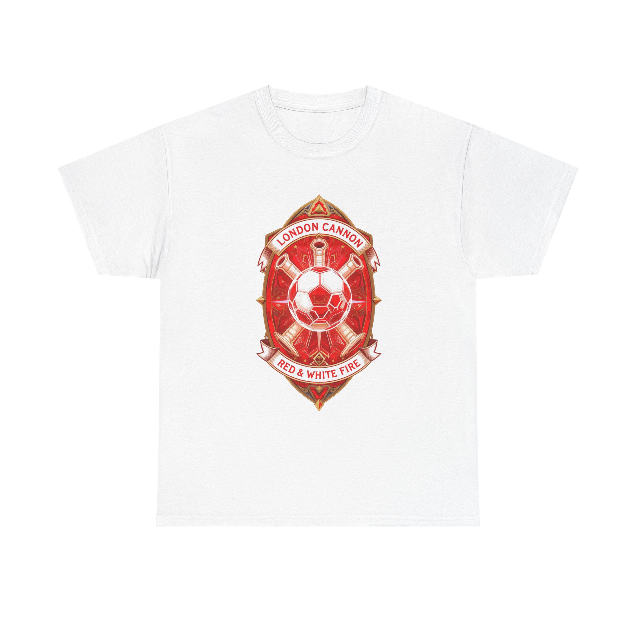 Red London Cannons Soccer Crest T‑Shirt — Red & White Fire Football Fan Gift