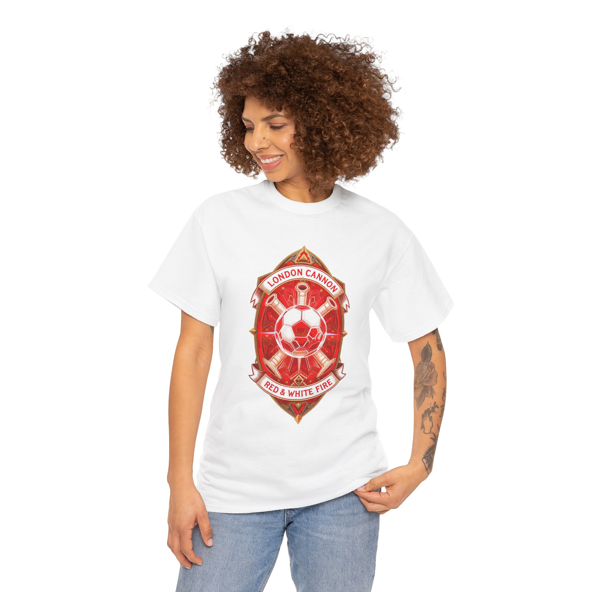 Red London Cannons Soccer Crest T‑Shirt — Red & White Fire Football Fan Gift - Image 4