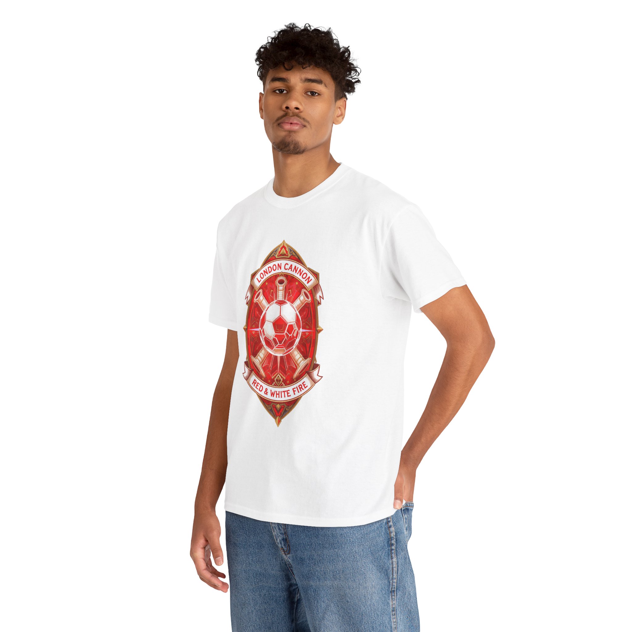 Red London Cannons Soccer Crest T‑Shirt — Red & White Fire Football Fan Gift - Image 7